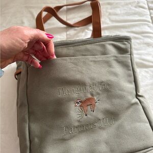 thirty-one Olive Green Canvas Tote with Tan Straps and Sloth Embroidery